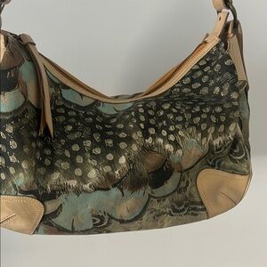 Roberto CAVALLI Feather Print Gold Aqua Stylish Multicolor Women's Hobo Bag
